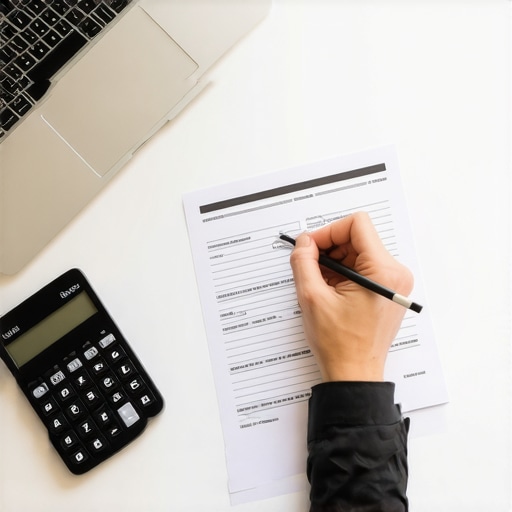 A business owner reconciling a bank statement with a laptop and calculator.
