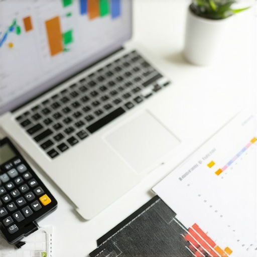 Advanced Financial Planning for Small Business Growth A desk with financial documents and a laptop showing growth charts representing sophisticated business accounting.