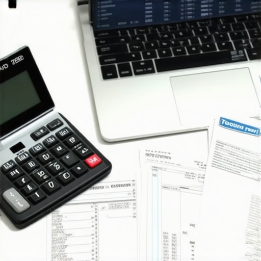Analyzing Reasonable Compensation and Tax Risk A desk with financial documents and a laptop showing tax spreadsheets and a dashboard.