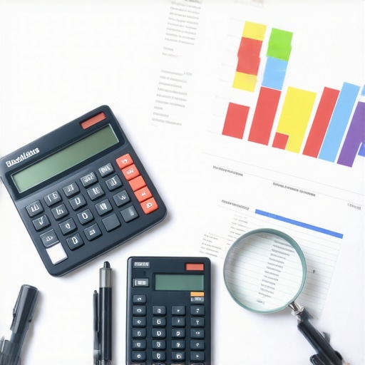 A close-up view of a business balance sheet and accounting tools representing strategic financial planning.