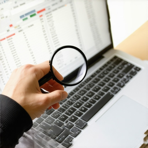 Auditing complex financial ledger entries for accuracy A magnifying glass held over a digital general ledger showing detailed transaction data on a laptop screen.