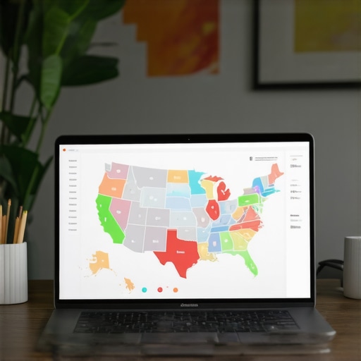 Automated Tax Compliance Dashboard for Remote Businesses A laptop screen showing a map of the United States with highlighted tax nexus zones and compliance software.