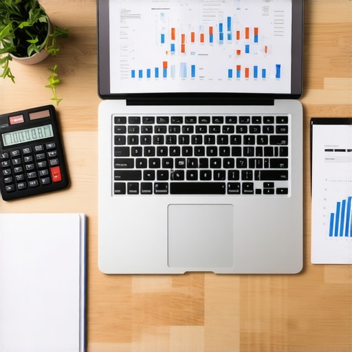 A laptop with financial charts next to a physical ledger and calculator on a professional desk.