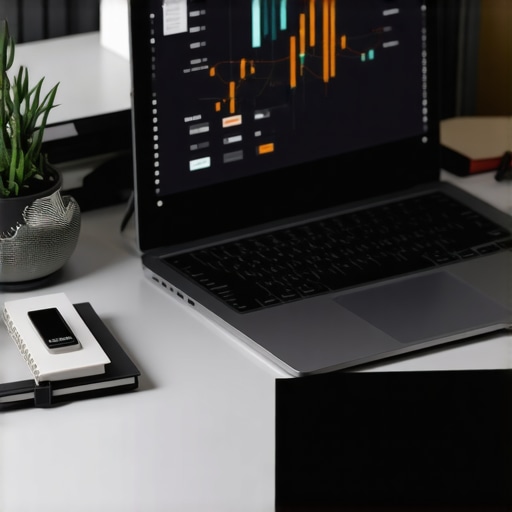 Financial dashboard on a laptop with a paper ledger on a desk