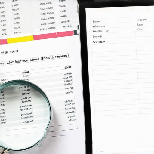 Business Asset and Ledger Audit Close up of a financial audit focusing on balance sheets and asset lists for a business sale.