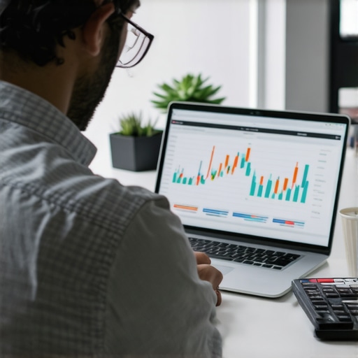 Business Precision and Financial Strategy Entrepreneur analyzing financial data on a laptop in a modern office.