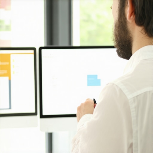 Business owner managing payroll taxes on computer monitors