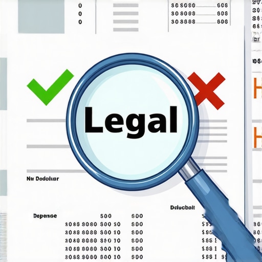 Business vs Personal Legal Deductions Visualized A magnifying glass examining a business ledger for legal fee tax compliance.