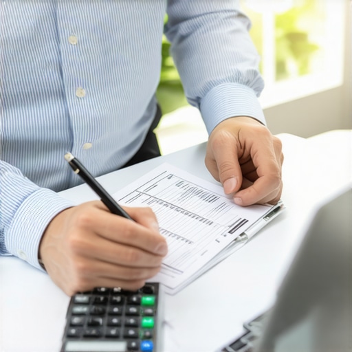 Comparing Digital Records with Tax Forms Close-up of a business owner reconciling tax documents with digital spreadsheets to fix filing errors.