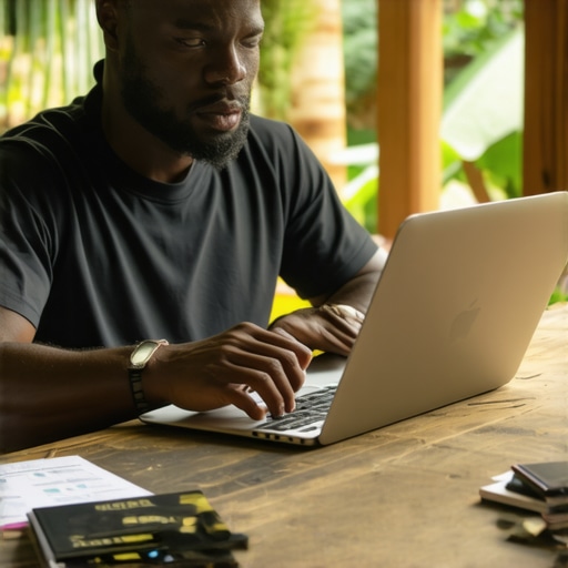 A digital nomad working on tax compliance and financial tracking while traveling abroad.