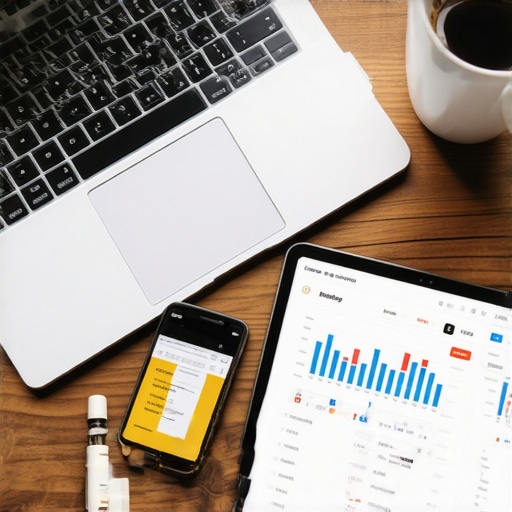 A smartphone scanning a business receipt on a desk with a laptop and financial charts.