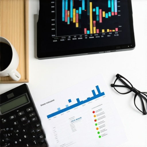 Close up of a desk with financial reports and laptop showing business growth charts.