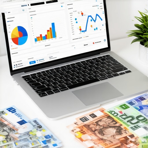 Financial dashboard and foreign currency on a desk representing international business bookkeeping.