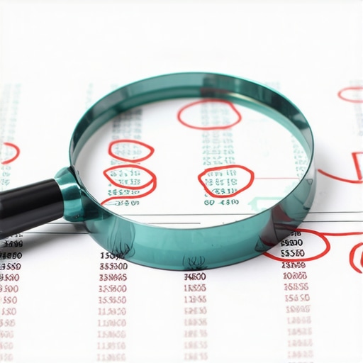 Identifying financial discrepancies in business records A magnifying glass highlighting errors on a business profit and loss statement.
