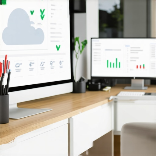 Integrated Financial Tech Stack A professional workspace showing integrated payroll and accounting software on dual monitors.
