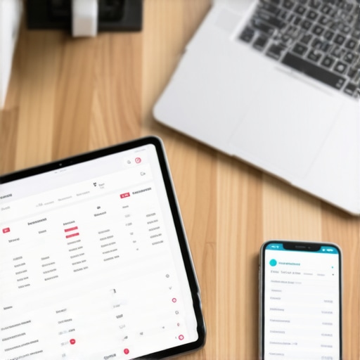 Integrated Small Business Financial Tech Stack Modern workspace showing integrated financial apps and payroll software on multiple screens.