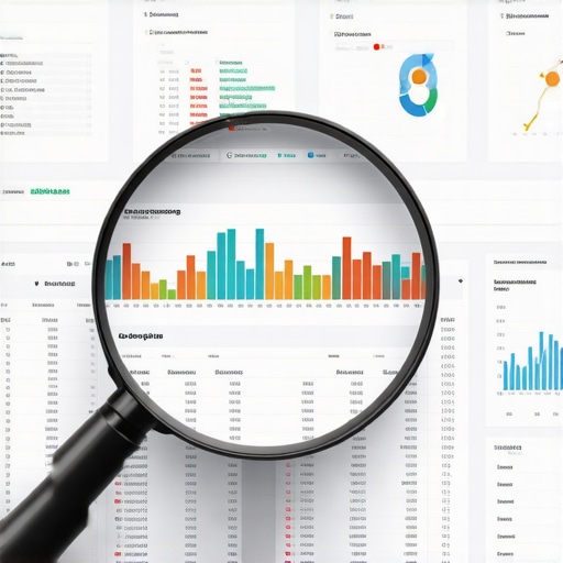 Manual Audit of Automated Payroll Systems Close up of a digital accounting dashboard being audited with a magnifying glass.
