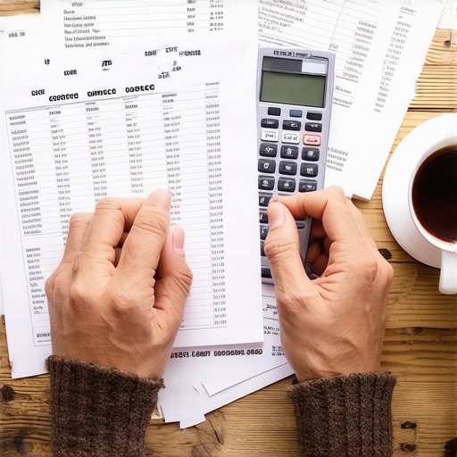 Small business owner auditing bank statements and ledgers for accuracy