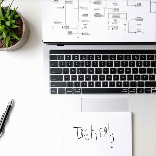A laptop showing software diagrams and a notepad on a desk.