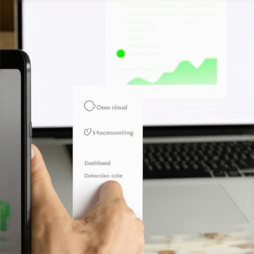Modern Automated Accounting Dashboard A digital bookkeeping setup showing a smartphone scanning receipts into an automated financial ledger.