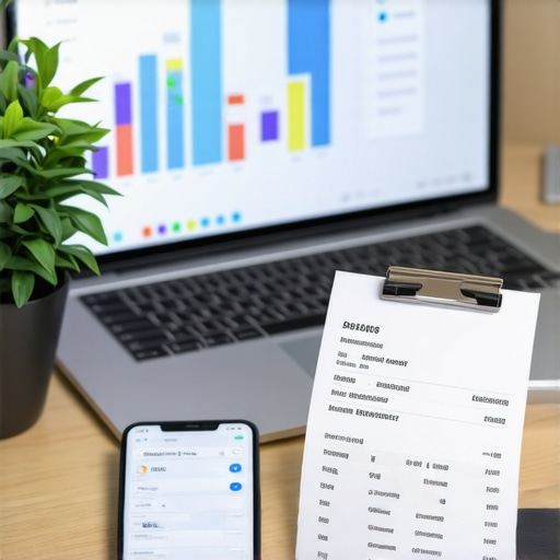 A desk showing automated bookkeeping tools and a clean financial dashboard.