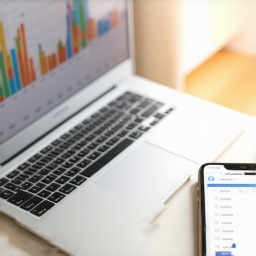 A clean desk with a laptop showing financial growth charts and a smartphone for receipt scanning, representing automated bookkeeping.