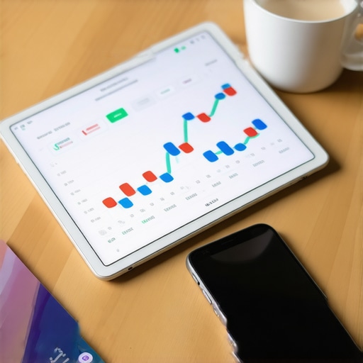 Modern Automated Accounting Workspace Tablet showing financial graphs and a smartphone on a clean desk representing automated bookkeeping.