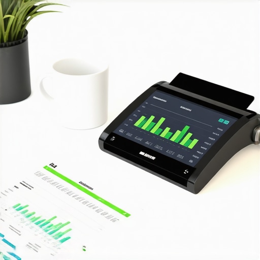 Modern Automated Bookkeeping Tools High-tech document scanner and tablet with financial charts on a modern desk for small business payroll management.