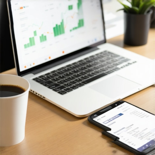 Modern Automated Bookkeeping Workspace A laptop and smartphone being used for automated business expense tracking and financial forecasting.