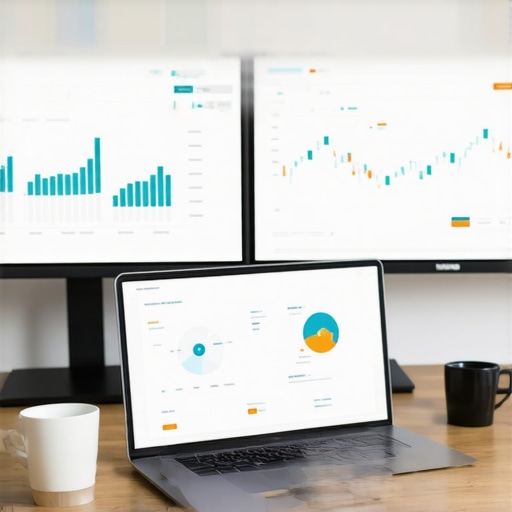 Modern Business Financial Dashboard Clean financial charts and dashboard on a dual-monitor setup in a home office.