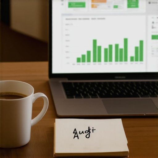 Modern Business Financial Dashboard and Audit Planning A clean office desk with a laptop displaying financial software and an audit checklist.