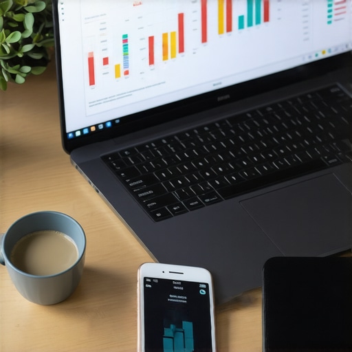 Modern Business Financial Management Setup A clean office desk with financial tools and software visible on a laptop and phone.