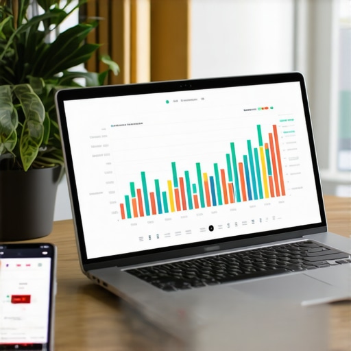 Modern Business Financial Management Workspace A clean desk with a laptop and phone showing financial data and payroll notifications
