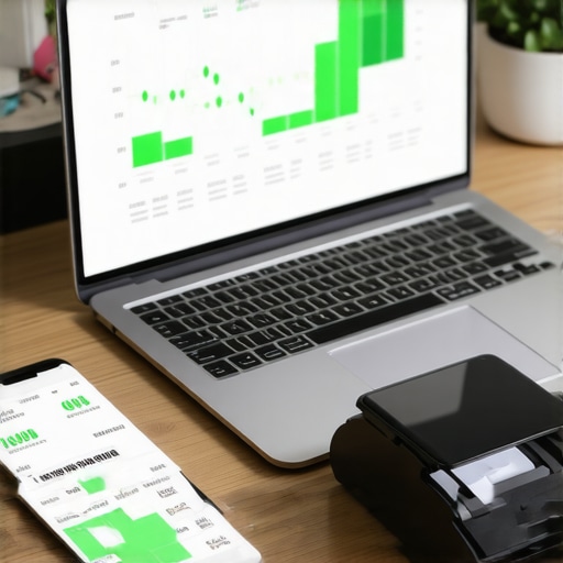 Modern Digital Bookkeeping Tech Stack High-speed document scanner and accounting software on a modern business desk