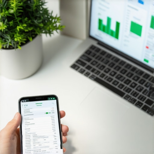 A smartphone scanning a receipt next to a laptop showing financial growth charts