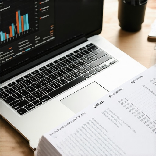 Modern Digital Bookkeeping Workspace A laptop showing a financial dashboard alongside a physical ledger for quarterly auditing.