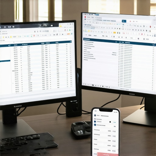 Modern Digital Bookkeeping Workspace Digital receipt scanning and financial software on a clean office desk for small business tax management.