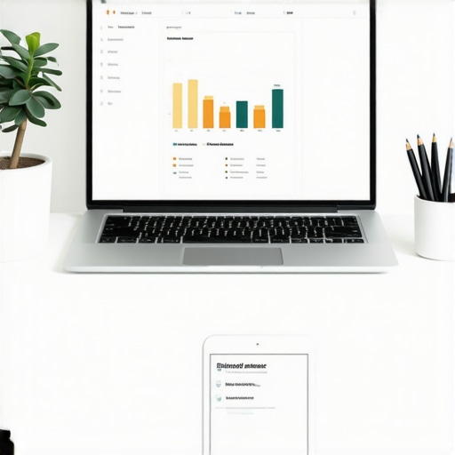 Modern Digital Bookkeeping Workspace A clean, organized desk with a laptop and tablet showing business financial data and digital accounting tools.