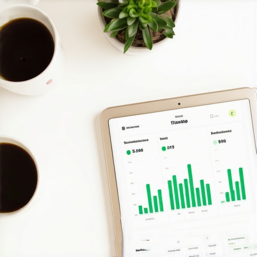 A tablet showing financial growth charts and real-time bookkeeping data on a clean desk.