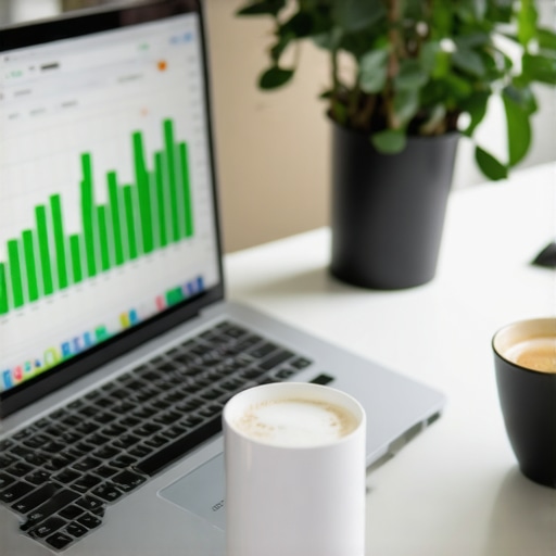 Modern Financial Management Workspace Clean desk with laptop showing financial growth charts and bookkeeping tools