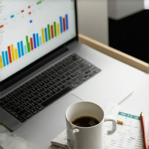 Laptop with financial dashboard and magnifying glass for bookkeeping audit.