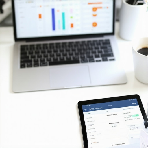 A professional workspace showing financial tools and software for small business accounting.