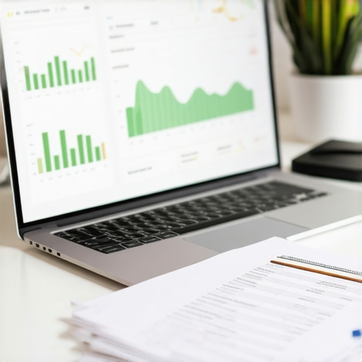 Modern Financial Tech Stack for Small Business A laptop displaying financial growth charts next to an organized accounting ledger on a desk.