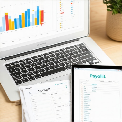 Modern Financial Tools for Scalable Payroll Management A laptop and tablet showing financial data and payroll checklists for a growing business.