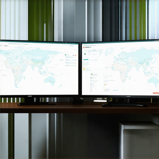 Modern Multi-State Compliance Dashboard A high-tech accounting setup showing tax nexus maps and compliance tracking software.