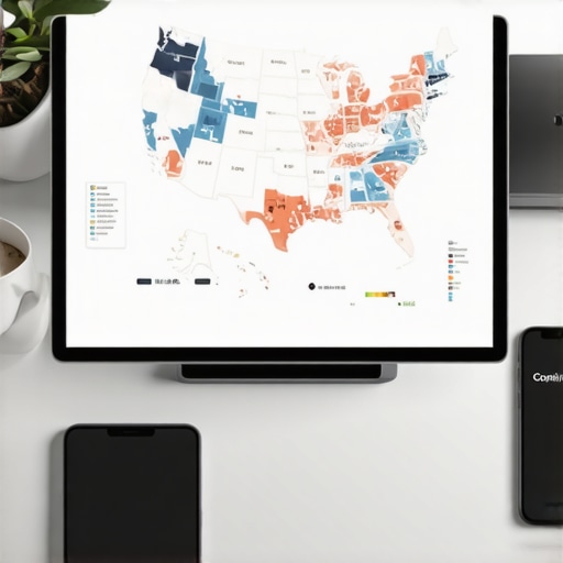 A laptop displaying multi-state tax nexus maps and accounting spreadsheets on a professional desk.