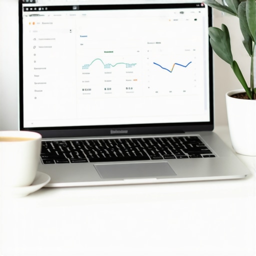 Modern Organized Financial Dashboard for Business Scaling A clean workspace with a laptop displaying financial charts and a cup of coffee symbolizing a stress-free business review.