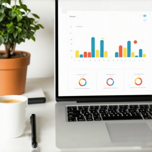 A clean workspace with a laptop showing financial reports and a digital checklist for business maintenance.