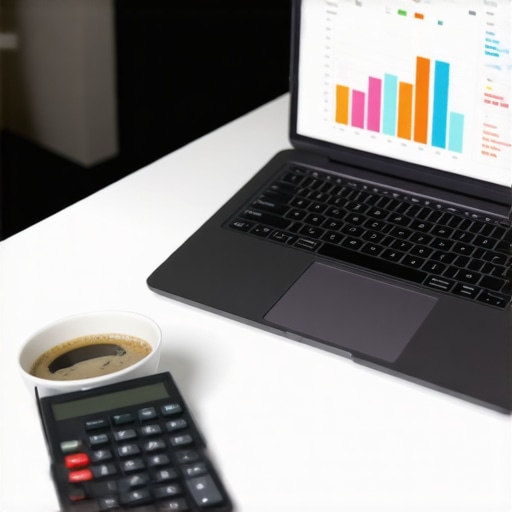 Digital dashboard showing financial growth and organized bookkeeping tools on a desk.