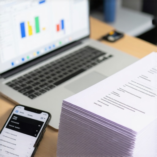 A laptop and smartphone showing accounting software and receipt scanning apps on an organized desk
